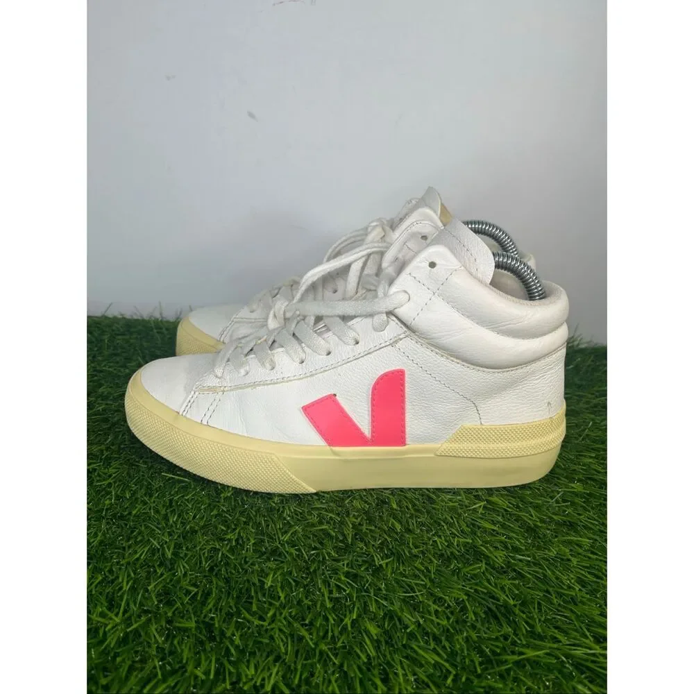 VEJA White Pink Neon High Top Sneakers Women’s Size 6 EU 37 Leather Casual Shoe